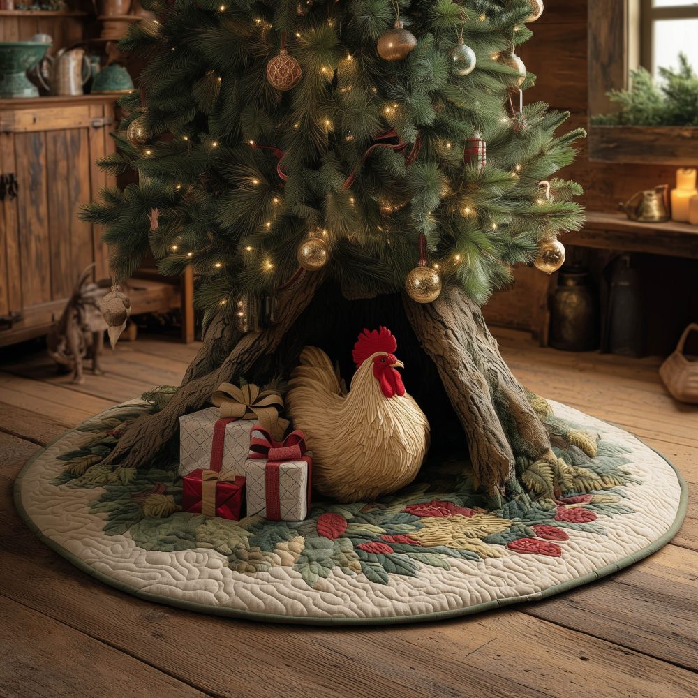 Festive Rooster With Gifts Under The Tree Christmas Tree Skirt — Handmade Custom Holiday Skirt, Farmhouse & Rustic Décor