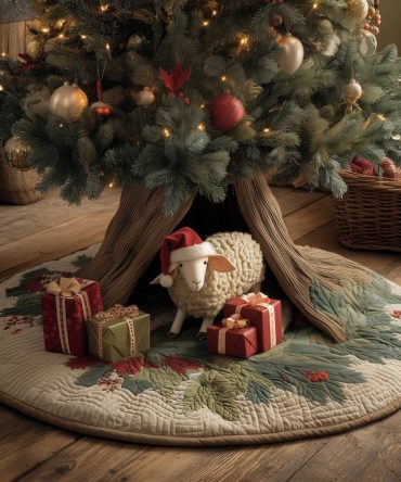 Adorable Lamb With Gifts On Log-Themed Tree Skirt — Handmade Christmas Tree Skirt, Custom Holiday Gift-Scene Design