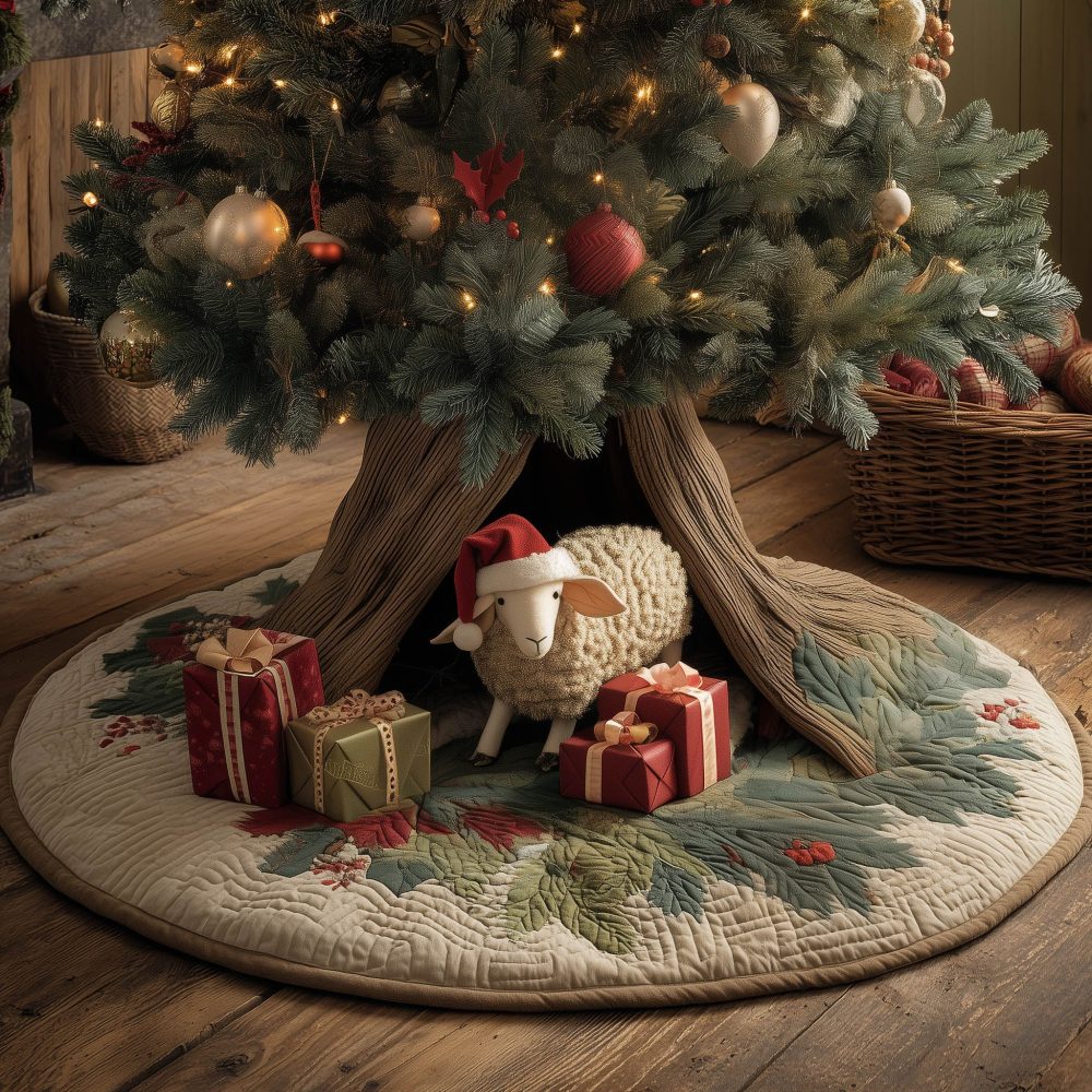 Adorable Lamb With Gifts On Log-Themed Tree Skirt — Handmade Christmas Tree Skirt, Custom Holiday Gift-Scene Design