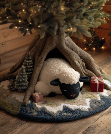 Mama Sheep & Black Lamb Den Scene Tree Skirt — Cozy Farmhouse Christmas Tree Skirt, Handcrafted, Made-To-Order Holiday Decor