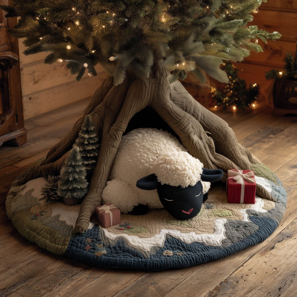 Mama Sheep & Black Lamb Den Scene Tree Skirt — Cozy Farmhouse Christmas Tree Skirt, Handcrafted, Made-To-Order Holiday Decor