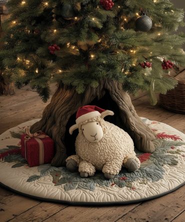 Charming Sheep In Red Winter Hat Christmas Tree Skirt — Soft Holiday Lamb Design, Custom Handmade Tree Skirt, Made-To-Order