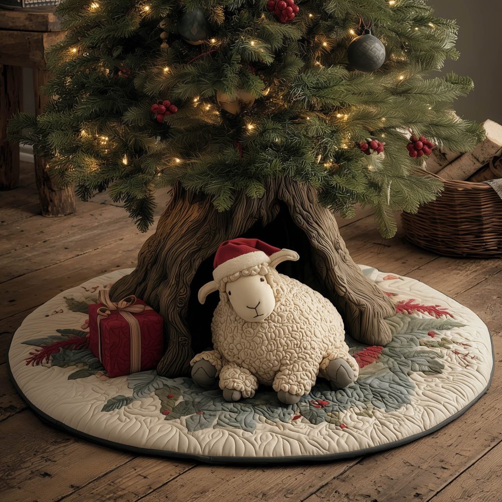 Charming Sheep In Red Winter Hat Christmas Tree Skirt — Soft Holiday Lamb Design, Custom Handmade Tree Skirt, Made-To-Order