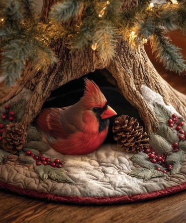 Rustic Cardinal & Pinecone Holiday Tree Skirt — Handmade Log-Inspired Christmas Tree Skirt, Custom Made To Order