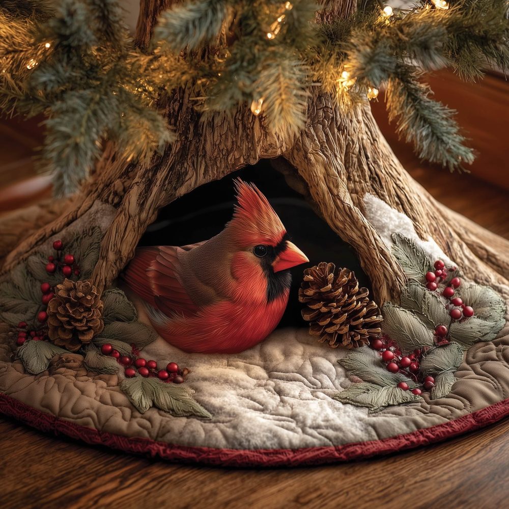 Rustic Cardinal & Pinecone Holiday Tree Skirt — Handmade Log-Inspired Christmas Tree Skirt, Custom Made To Order