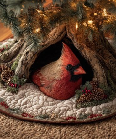Perched Cardinal In Tree Hollow Holiday Tree Skirt — Handcrafted Woodland Christmas Tree Skirt, Custom Made-To-Order Seasonal Decor