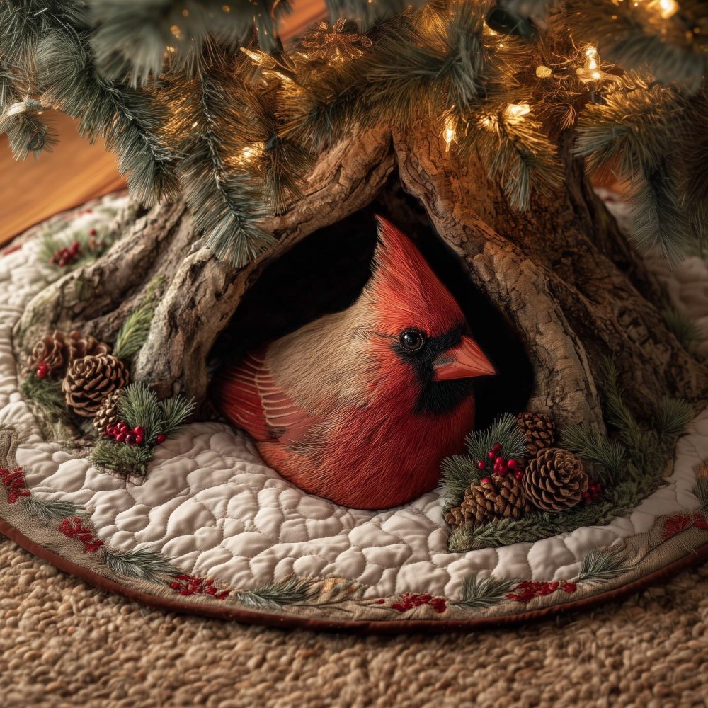 Perched Cardinal In Tree Hollow Holiday Tree Skirt — Handcrafted Woodland Christmas Tree Skirt, Custom Made-To-Order Seasonal Decor