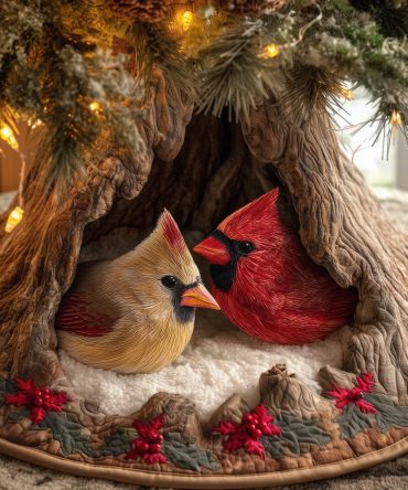 Cardinal Pair In Tree Hollow Quilted Christmas Tree Skirt — Handcrafted Winter Bird Scene, Custom Sizes Offered
