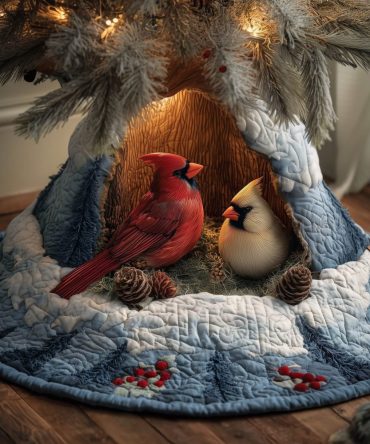 Snowy Nest Cardinal Pair Quilted Tree Skirt — Handmade Winter Bird Christmas Base, Custom Diameter & Finishes