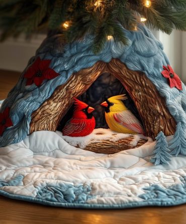 Wooden Birdhouse Cardinals Quilted Tree Skirt — Handmade Rustic Holiday Decor With Cardinals In The Birdhouse, Custom Fit