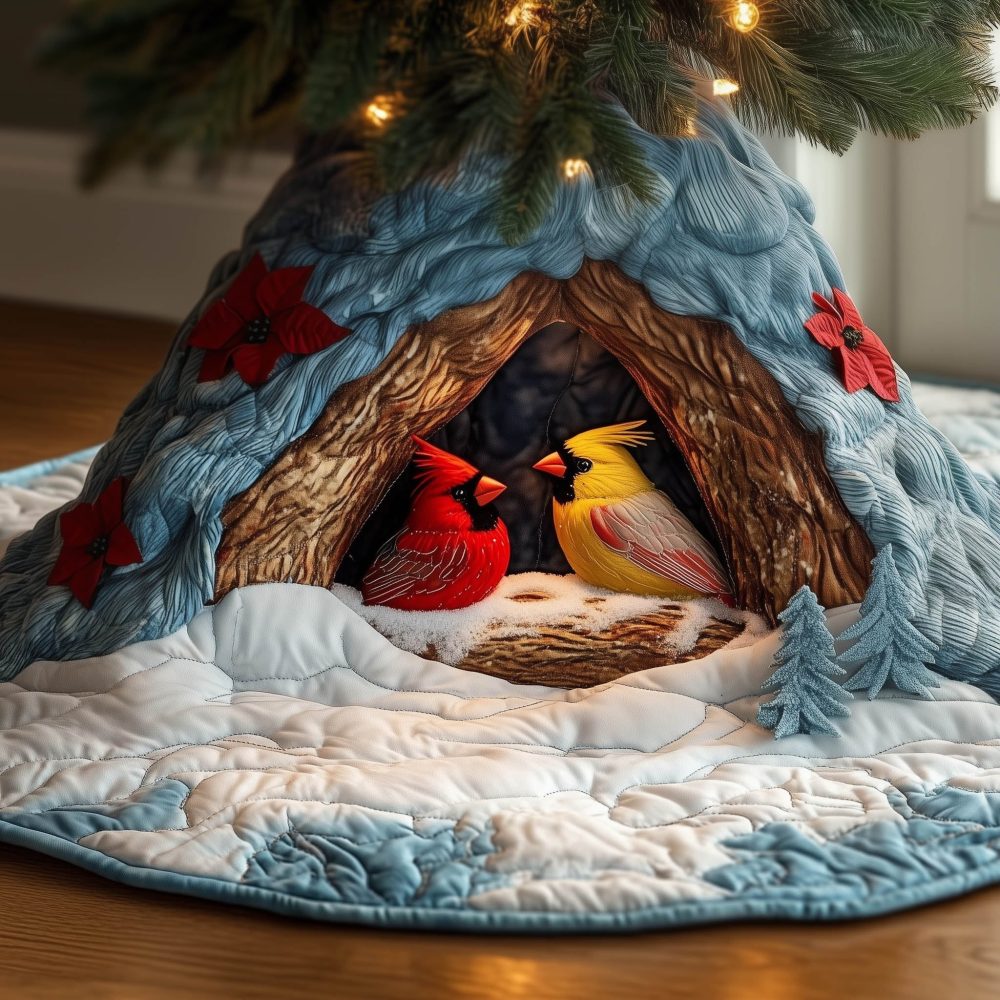 Wooden Birdhouse Cardinals Quilted Tree Skirt — Handmade Rustic Holiday Decor With Cardinals In The Birdhouse, Custom Fit