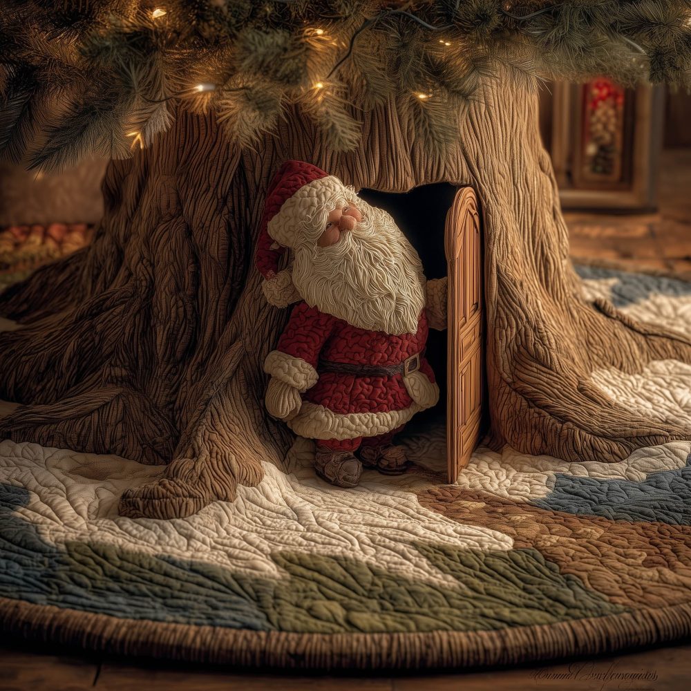 Santa Home Cozy Tree Skirt — Custom Handmade Christmas Skirt With Homey Santa Design, Personalized Holiday Centerpiece