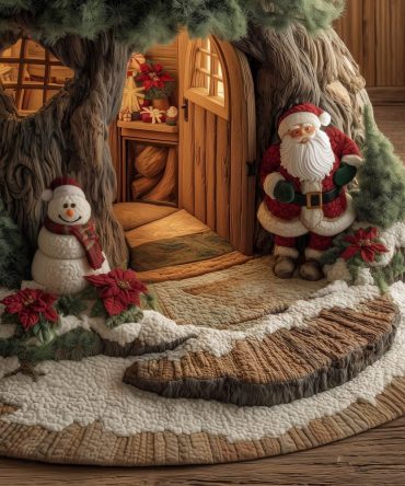 Santa At The Tree Door Quilted Christmas Tree Skirt — Handcrafted Made-To-Order Holiday Base With Storybook Santa Scene