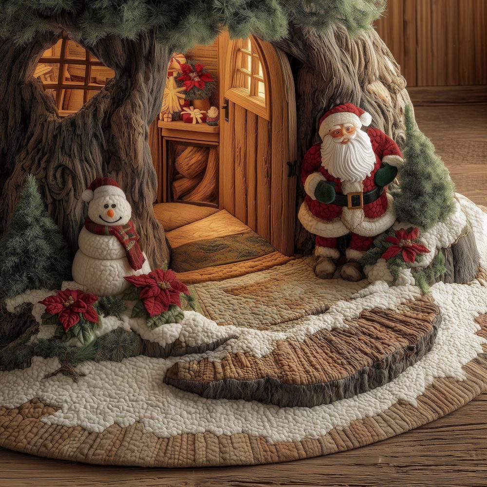 Santa At The Tree Door Quilted Christmas Tree Skirt — Handcrafted Made-To-Order Holiday Base With Storybook Santa Scene