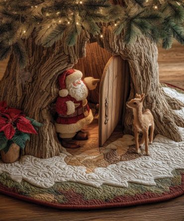 Santa & Deer At The Hollow Quilted Christmas Tree Skirt — Custom Made Rustic Holiday Base With Woodland Santa Scene
