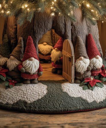 Whimsical Gnome Gathering Christmas Tree Skirt — Handmade Holiday Garden Gnomes Scene, Festive Quilted Tree Mat, Custom Sizes Available