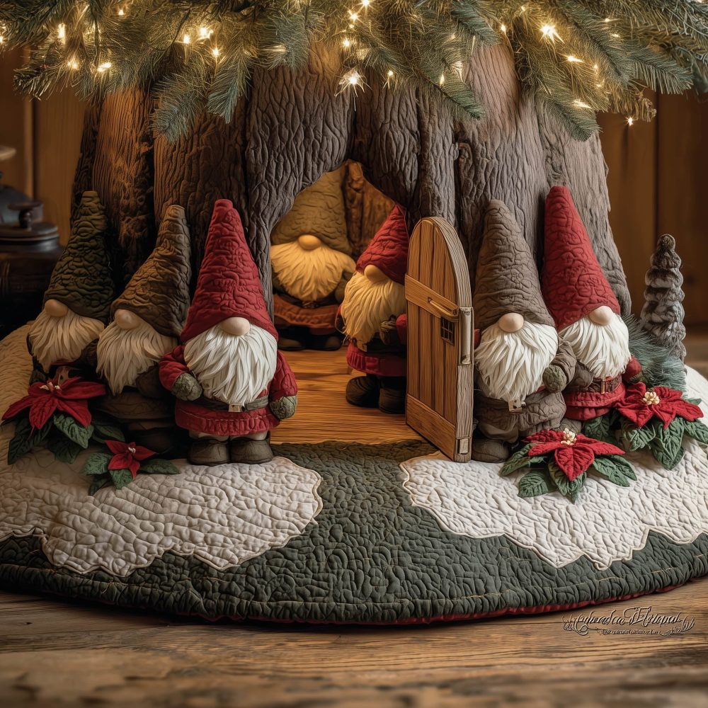 Whimsical Gnome Gathering Christmas Tree Skirt — Handmade Holiday Garden Gnomes Scene, Festive Quilted Tree Mat, Custom Sizes Available