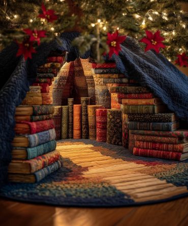 Enchanting Secret Library Christmas Tree Skirt — Personalized Book Lover Holiday Decor, Detailed Printed Bookshelf Scene, Quilted