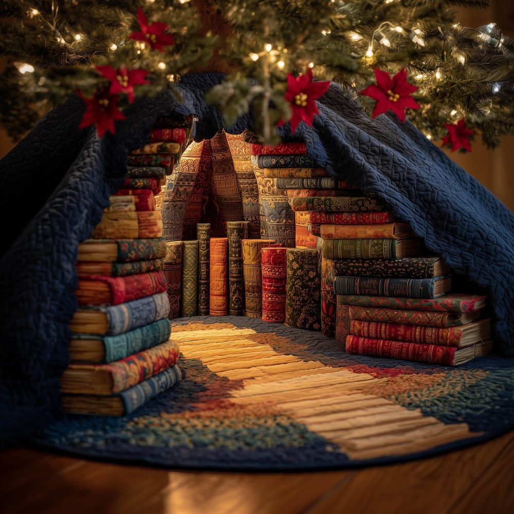 Enchanting Secret Library Christmas Tree Skirt — Personalized Book Lover Holiday Decor, Detailed Printed Bookshelf Scene, Quilted