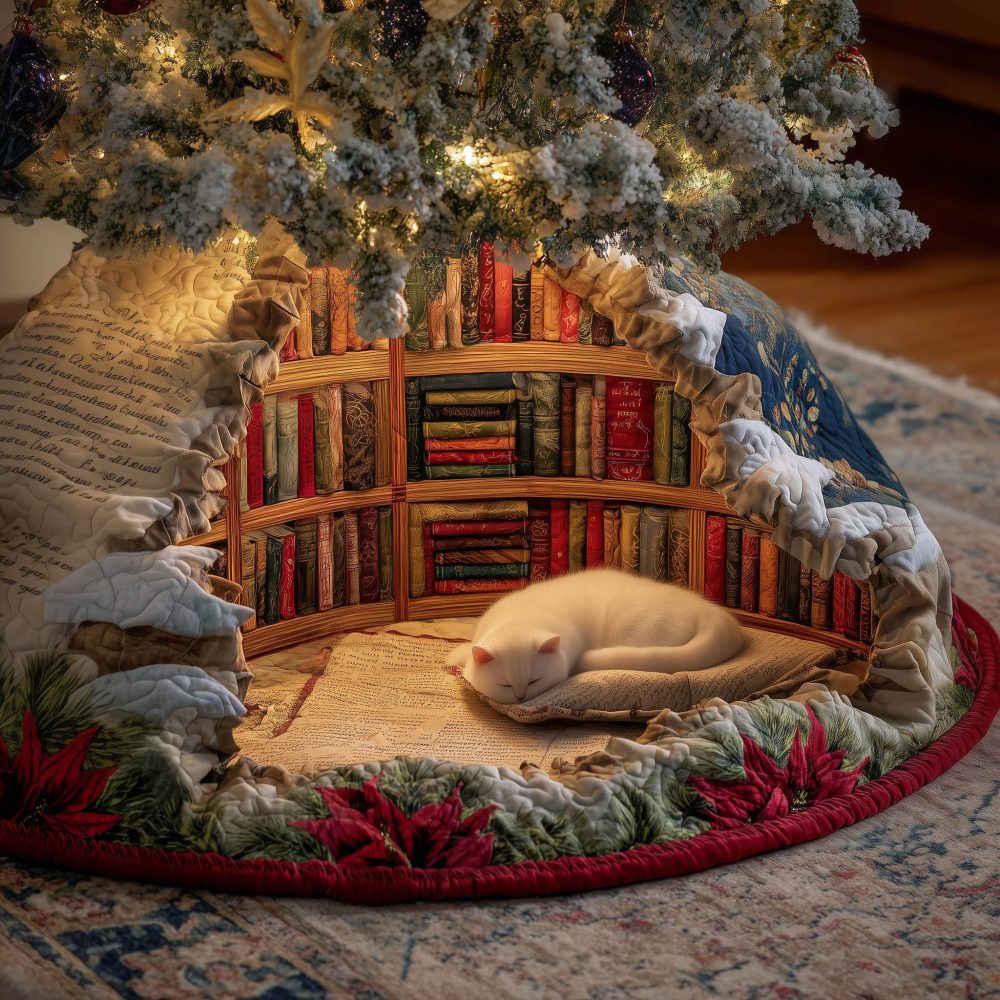 Cozy Book Nook Christmas Tree Skirt — Custom Literary Holiday Decor, Soft Quilted Library Scene, Ideal Gift For Readers