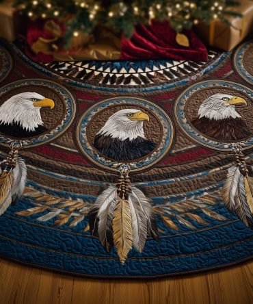 Bald Eagle Feather Medallion Christmas Tree Skirt — Handcrafted Patriotic Wildlife Skirt With Quilted Medallions, Premium Holiday Decor