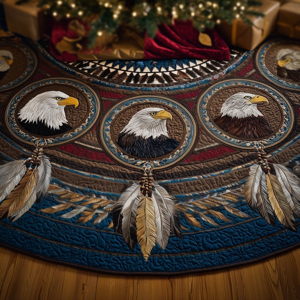 Bald Eagle Feather Medallion Christmas Tree Skirt — Handcrafted Patriotic Wildlife Skirt With Quilted Medallions, Premium Holiday Decor