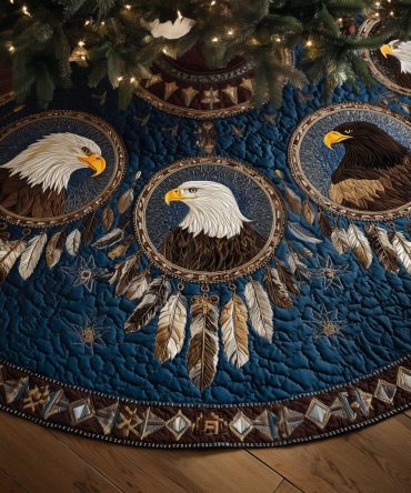 Eagles & Dreamcatchers Navy Christmas Tree Skirt — Handcrafted Boho-Native Holiday Skirt With Artistic Feather Motifs, Custom Options