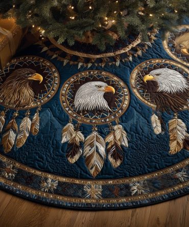 Majestic Eagle Heads On Deep Blue Feathers Christmas Tree Skirt — Handcrafted Patriotic Holiday Skirt, Bold Wildlife Decor