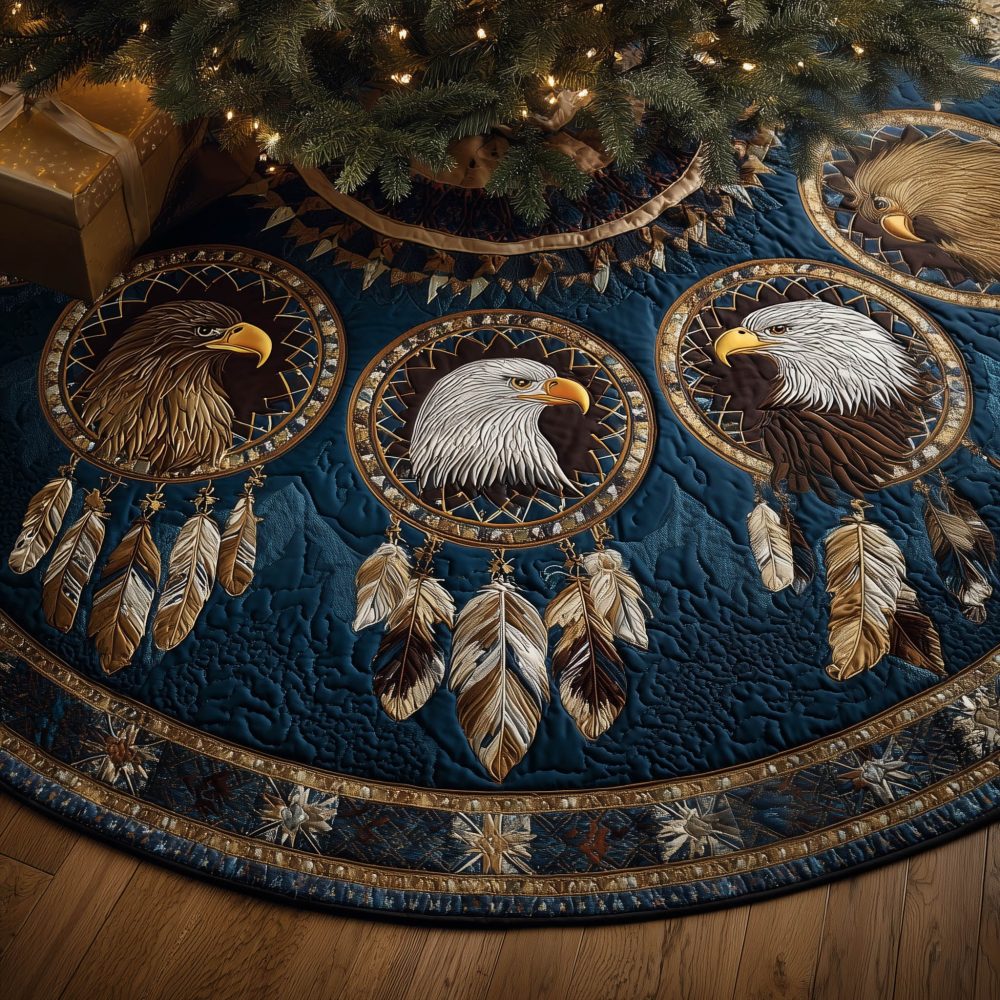 Majestic Eagle Heads On Deep Blue Feathers Christmas Tree Skirt — Handcrafted Patriotic Holiday Skirt, Bold Wildlife Decor