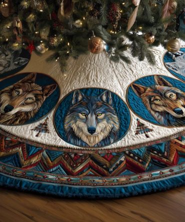 Wolf Medallion Tree Skirt With Aztec Border — Quilted Handmade Christmas Base, Custom Sizes For Rustic Decor
