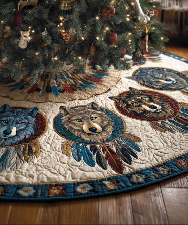 Blue-Banded Wolves In Dreamcatchers Quilted Tree Skirt — Handcrafted Holiday Base, Custom Measurements Available