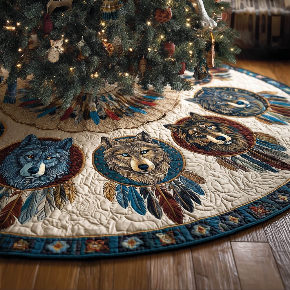 Blue-Banded Wolves In Dreamcatchers Quilted Tree Skirt — Handcrafted Holiday Base, Custom Measurements Available