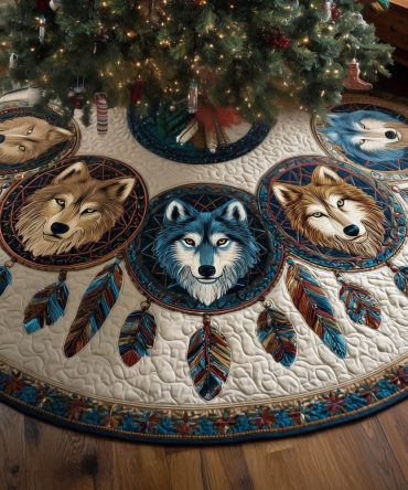 Wolf Dreamcatcher Christmas Tree Skirt With Hanging Feathers — Handcrafted Quilted Native-Inspired Holiday Accent