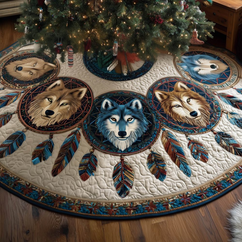 Wolf Dreamcatcher Christmas Tree Skirt With Hanging Feathers — Handcrafted Quilted Native-Inspired Holiday Accent