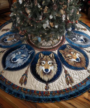 Blue Medallion Wolf Portraits Quilted Christmas Tree Skirt — Handcrafted Nature-Inspired Holiday Accent, Custom Fit