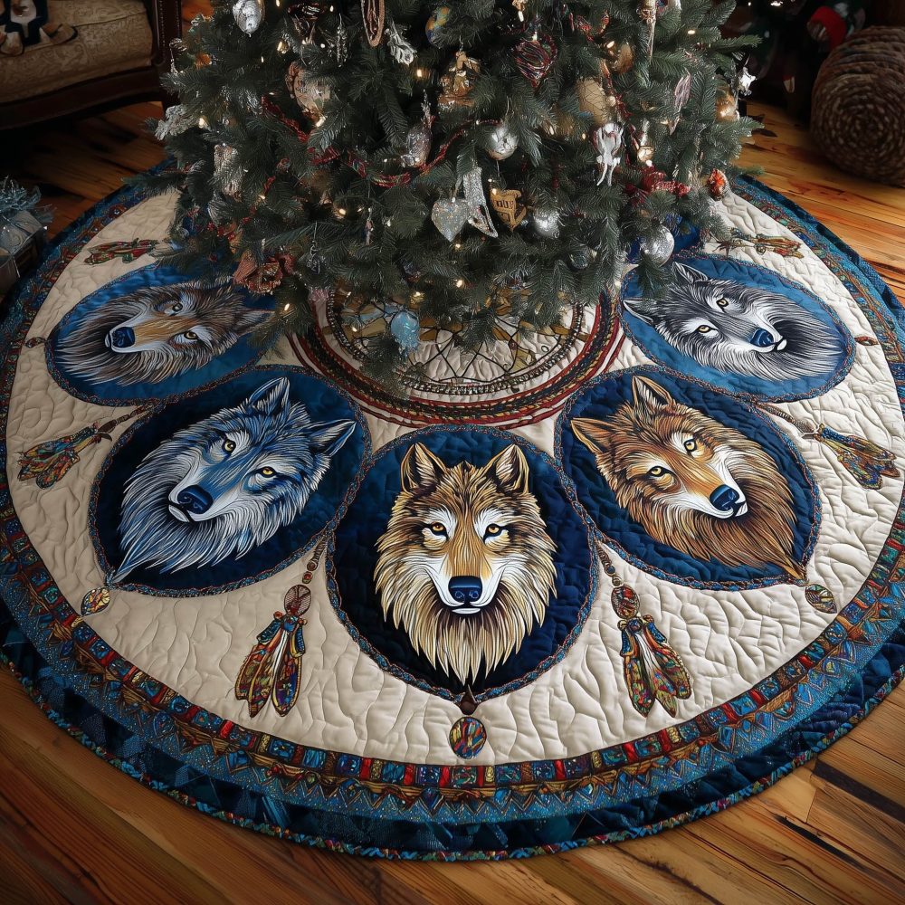Blue Medallion Wolf Portraits Quilted Christmas Tree Skirt — Handcrafted Nature-Inspired Holiday Accent, Custom Fit