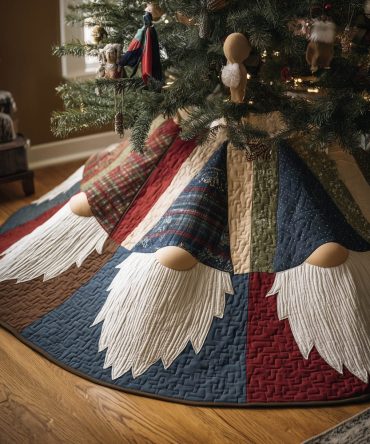 Custom Gnome Beard Patch Panel Christmas Tree Skirt — Handmade Holiday Tree Skirt, Cozy Rustic Seasonal Decor