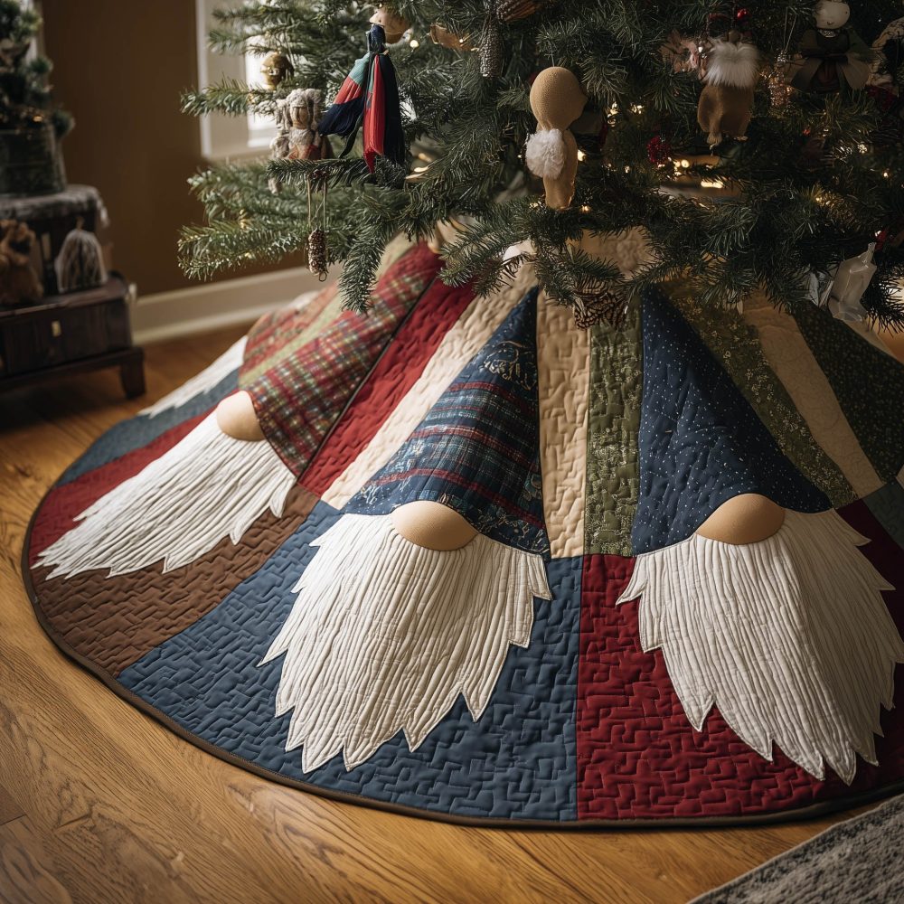 Custom Gnome Beard Patch Panel Christmas Tree Skirt — Handmade Holiday Tree Skirt, Cozy Rustic Seasonal Decor