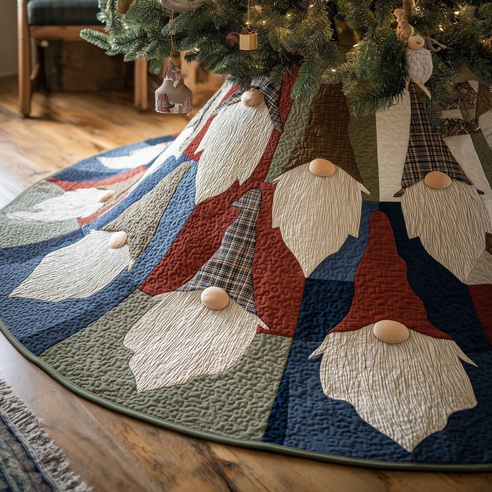 Handmade Plaid Gnome Patch Christmas Tree Skirt — Custom-Made Holiday Tree Round Skirt For Living Room Decor