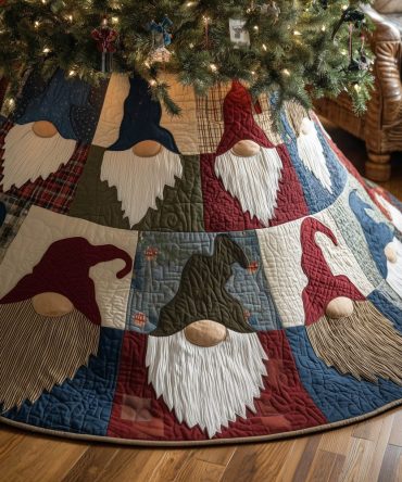 Handmade Gnome Face Quilt Block Christmas Tree Skirt — Custom Patchwork Holiday Skirt For Festive Home Decor
