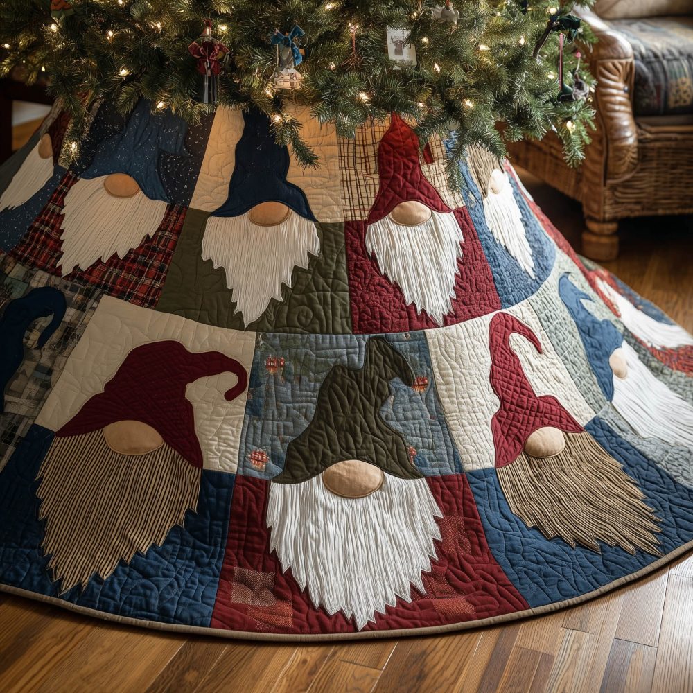Handmade Gnome Face Quilt Block Christmas Tree Skirt — Custom Patchwork Holiday Skirt For Festive Home Decor