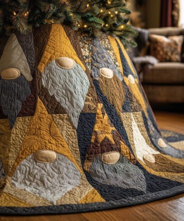 Golden Gnome Patch Spiral Quilted Christmas Tree Skirt — Custom Made Warm-Toned Holiday Tree Base With Playful Spiral Design