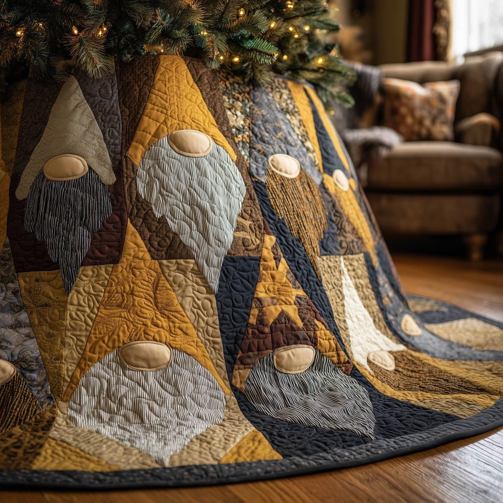 Golden Gnome Patch Spiral Quilted Christmas Tree Skirt — Custom Made Warm-Toned Holiday Tree Base With Playful Spiral Design
