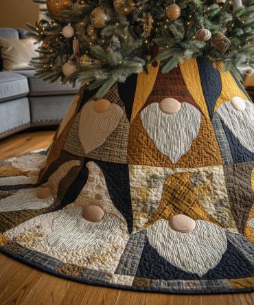 Honey Gnome Panel Wheel Quilted Christmas Tree Skirt — Made-To-Order Rustic Holiday Base With Cheerful Gnome Panels