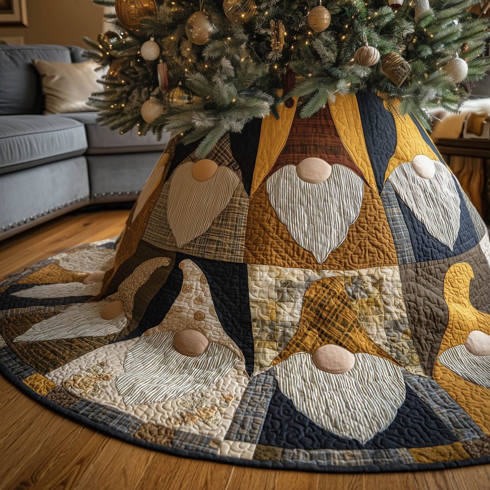 Honey Gnome Panel Wheel Quilted Christmas Tree Skirt — Made-To-Order Rustic Holiday Base With Cheerful Gnome Panels