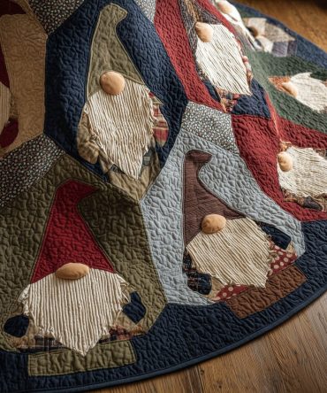 Mustard Gnome Patch Fan Christmas Tree Skirt — Handcrafted Made-To-Order Warm-Toned Holiday Tree Base With Playful Gnome Motifs
