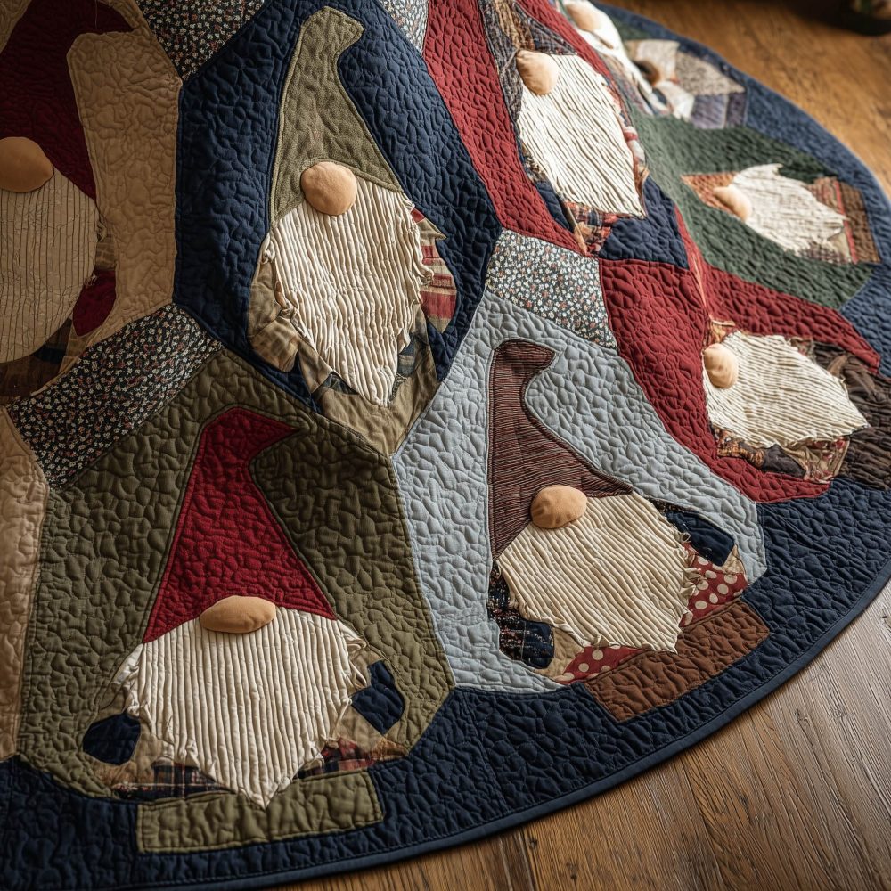 Mustard Gnome Patch Fan Christmas Tree Skirt — Handcrafted Made-To-Order Warm-Toned Holiday Tree Base With Playful Gnome Motifs