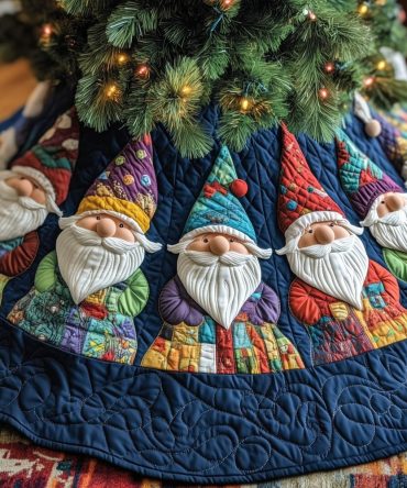 Patchwork-Hatted Gnomes On Blue Quilted Tree Skirt — Handcrafted Holiday Floor Cover, Custom Sizes & Finishes