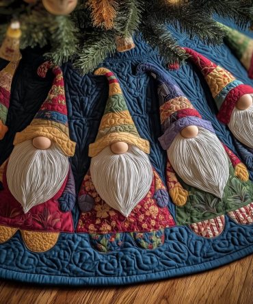 Blue-Border Gnomes With Patterned Hats Christmas Tree Skirt — Handmade Quilted Holiday Accent, Custom Fit