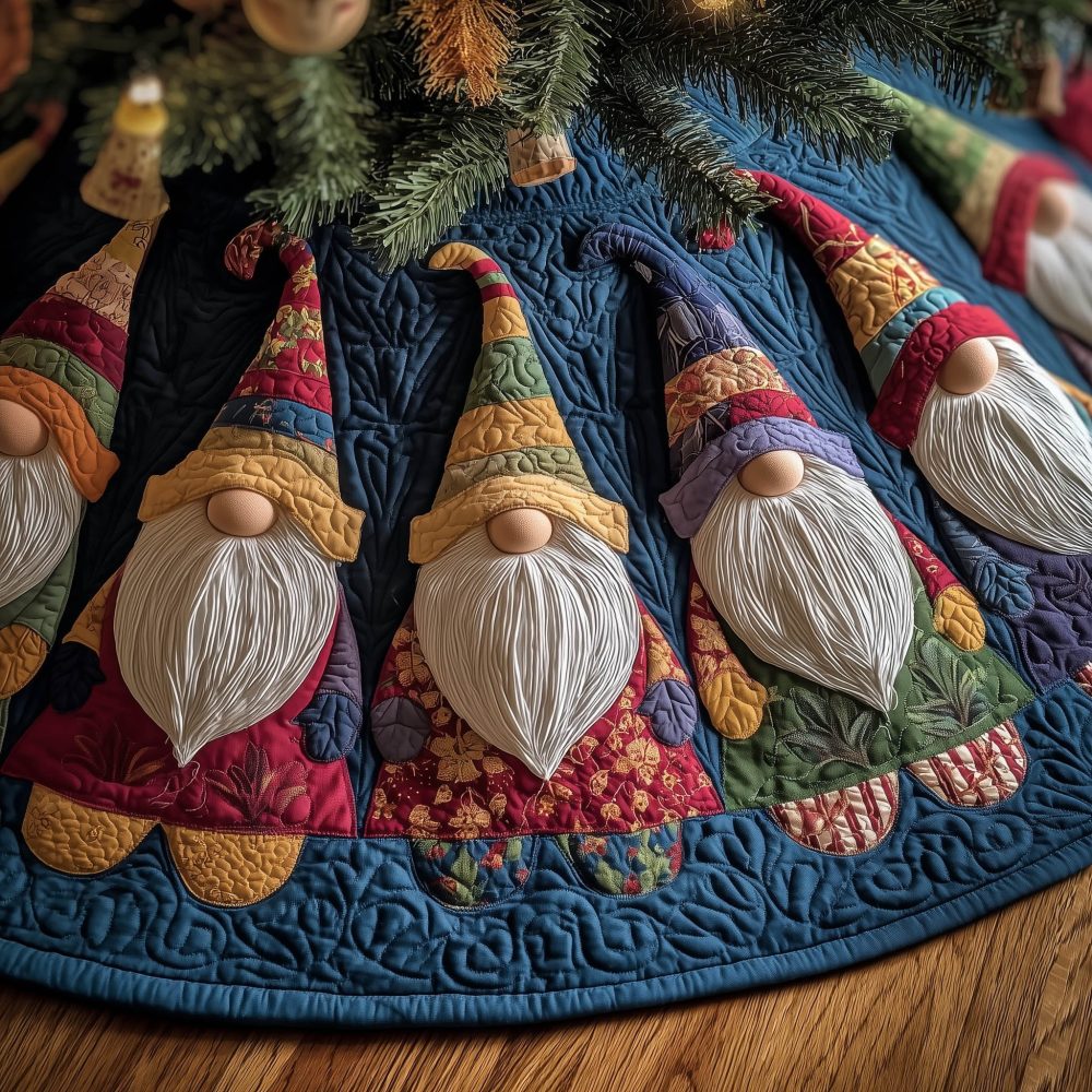 Blue-Border Gnomes With Patterned Hats Christmas Tree Skirt — Handmade Quilted Holiday Accent, Custom Fit